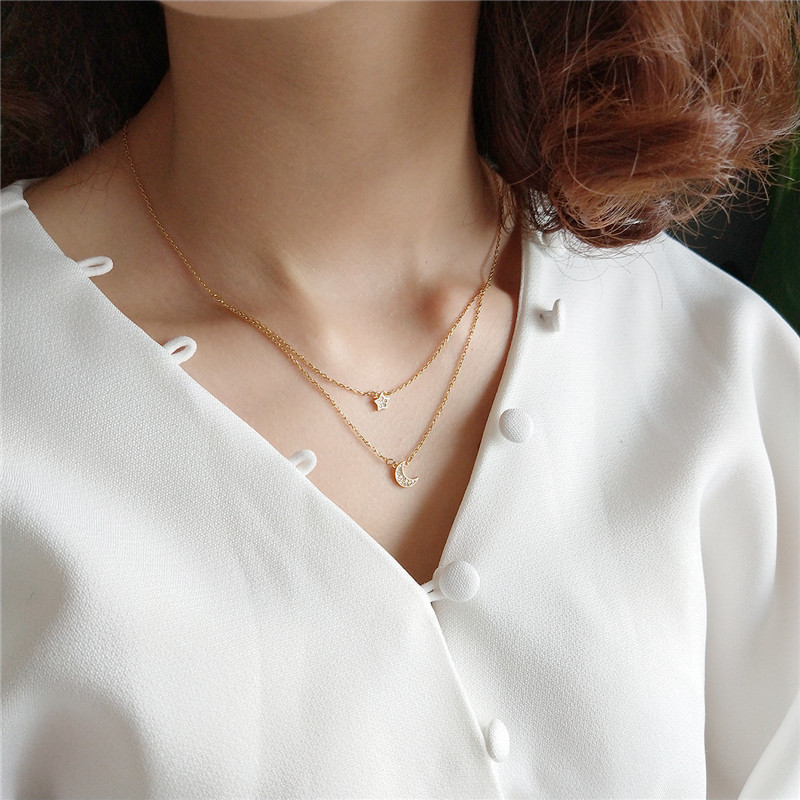 Double Star Moon 925 Silver Necklace