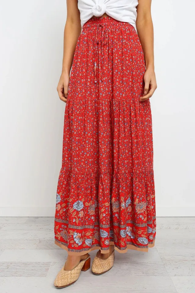 Printed elastic waist tie all match women's skirt Red - Shop at LoveMi