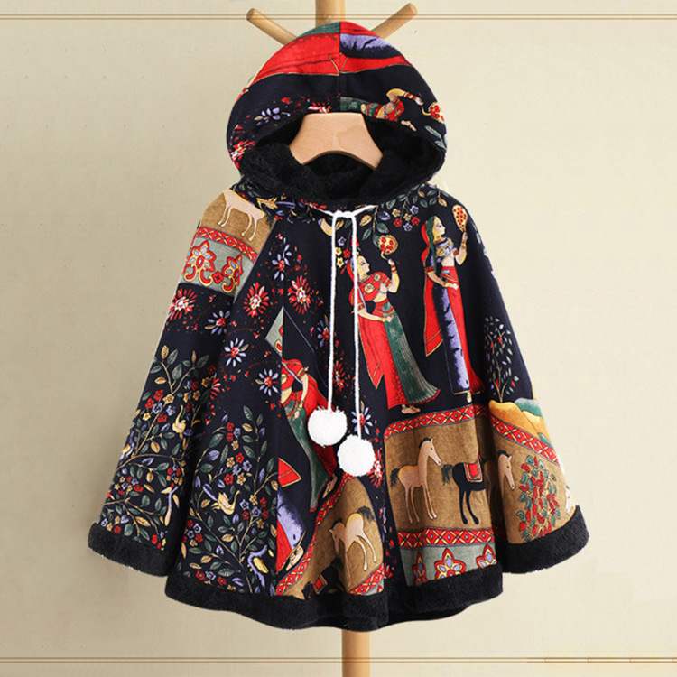 Cotton and linen print plus velvet cloak