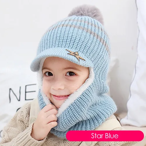 Children's neck guard one-piece woolen hat - Blue