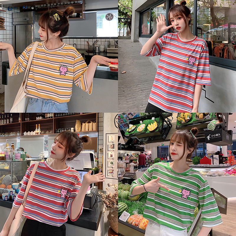 Striped embroidered short sleeve T-shirt