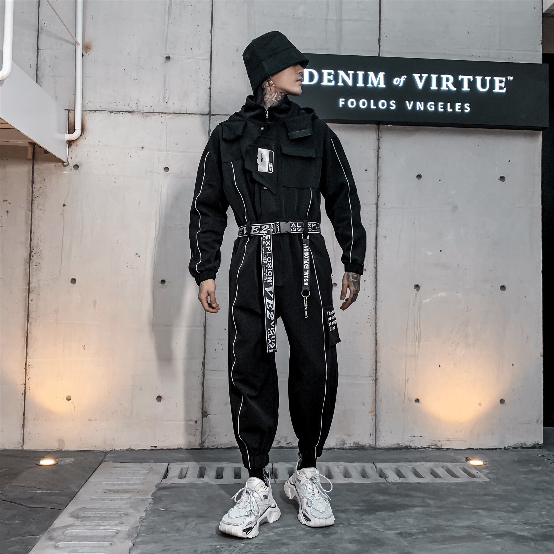 Long-sleeved hooded suit with reflective tape bodysuit