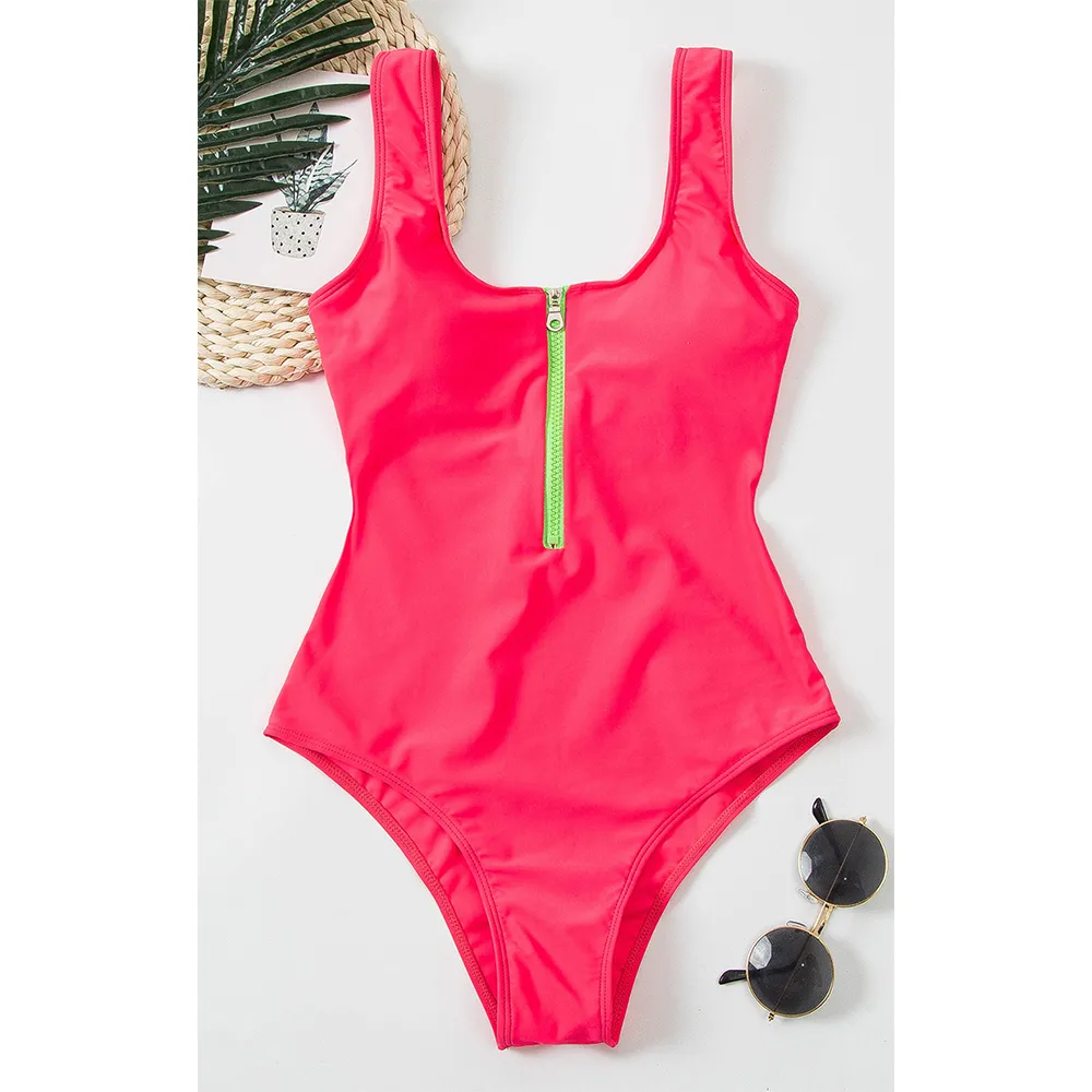 Ladies zipper sexy one-piece printed swimsuit women swimwear - Pink
