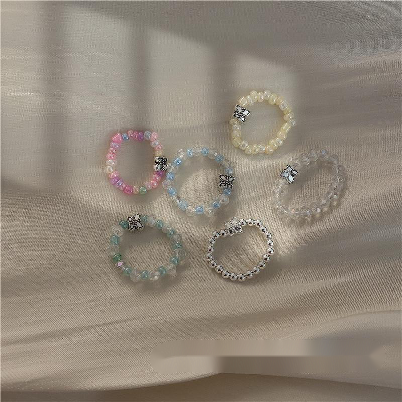 Handmade Beaded Butterfly Ring Color Butterfly Simple Single Circle Elastic Ring