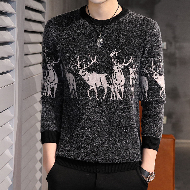 Round neck deer head long sleeve sweater