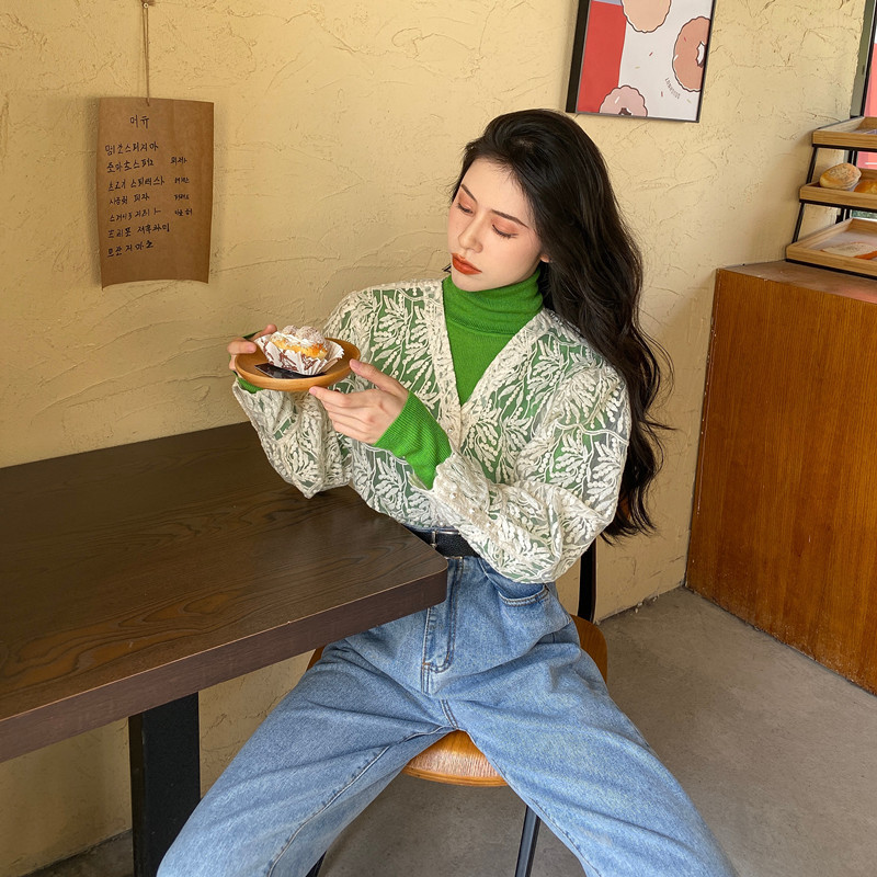 V-neck long sleeve lace shirt