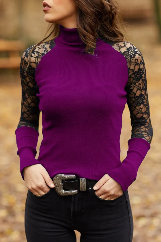 Lace stitching long sleeve pullover top Purple - Shop at LoveMi