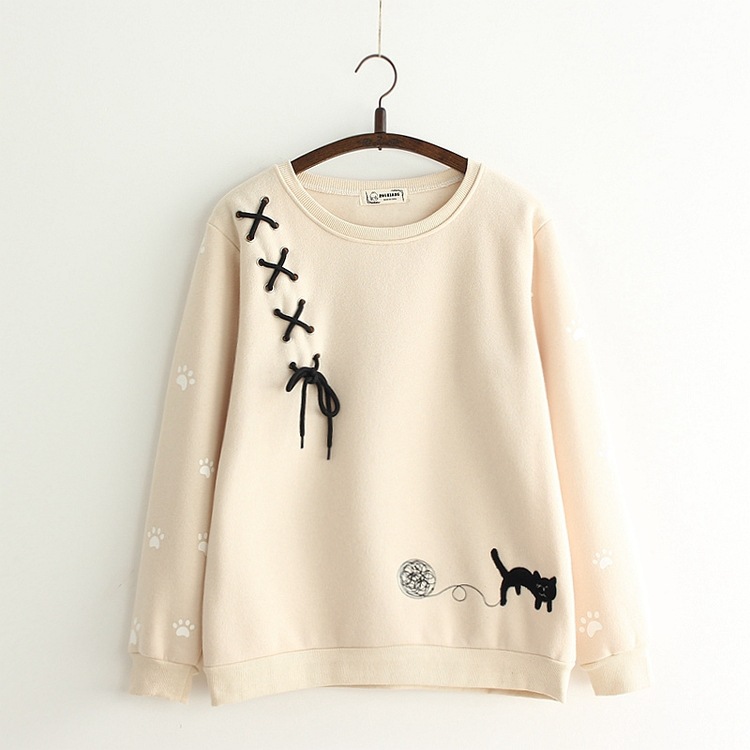 Embroidered cat tie pullover sweater Khaki - Shop at LoveMi
