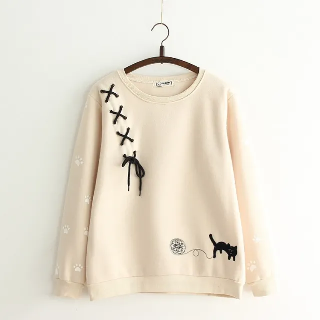 Embroidered cat tie pullover sweater Khaki - Shop at LoveMi