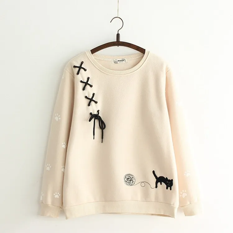 Embroidered cat tie pullover sweater - Khaki