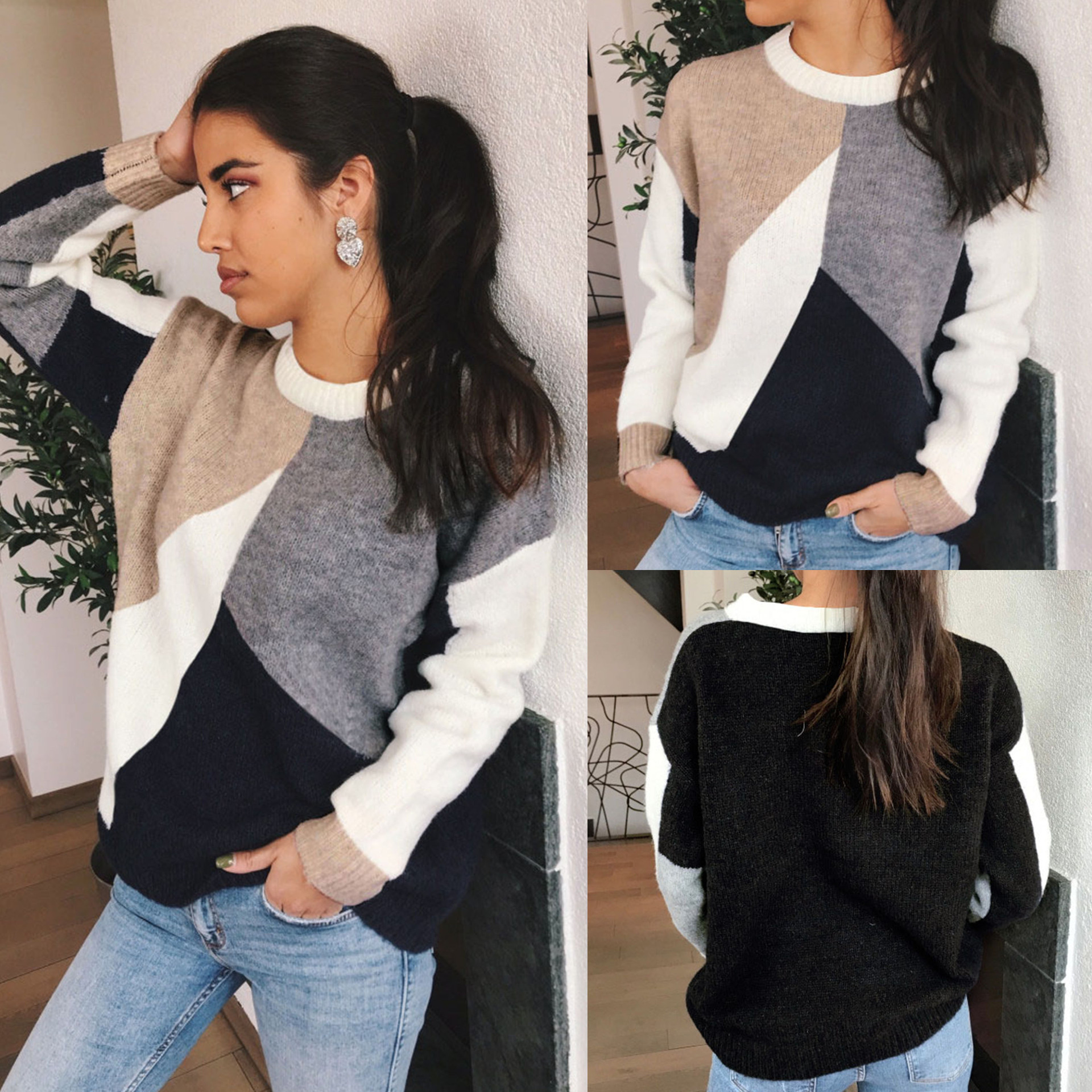 Color block pullover warm sweater