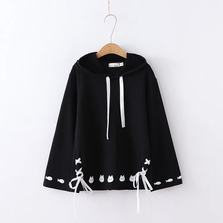 Women's loose hooded sweater - Black