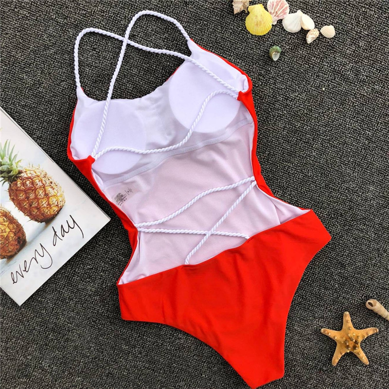 Braided solid color big backless sexy one-piece swimsuit swimsuit - Image 3