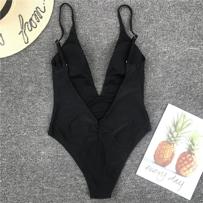 Solid color sexy one-piece swimsuit deep V-neck back pleated bikini - Image 19