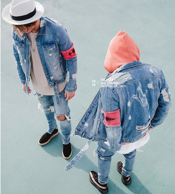 Autumn and winter explosions new product hole grinding and quilting jacket jacket men's ribbon belt denim clothing tide