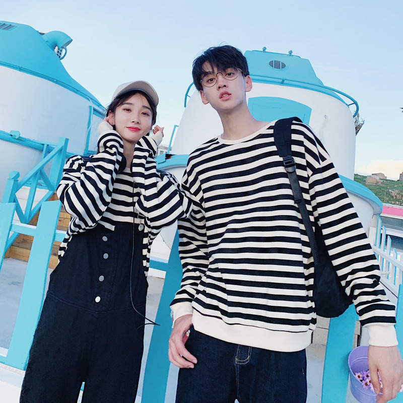 Girlfriend Boyfriend Stripe Drop Shoulder Sweatshirt Overalls