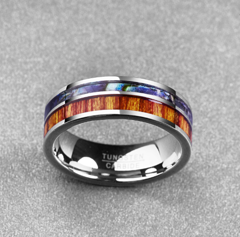 8MM Wide Polished  Tungsten Carbide Ring Inlay Wood Natural Grain Shell For Men Fashion Anniversary Ring