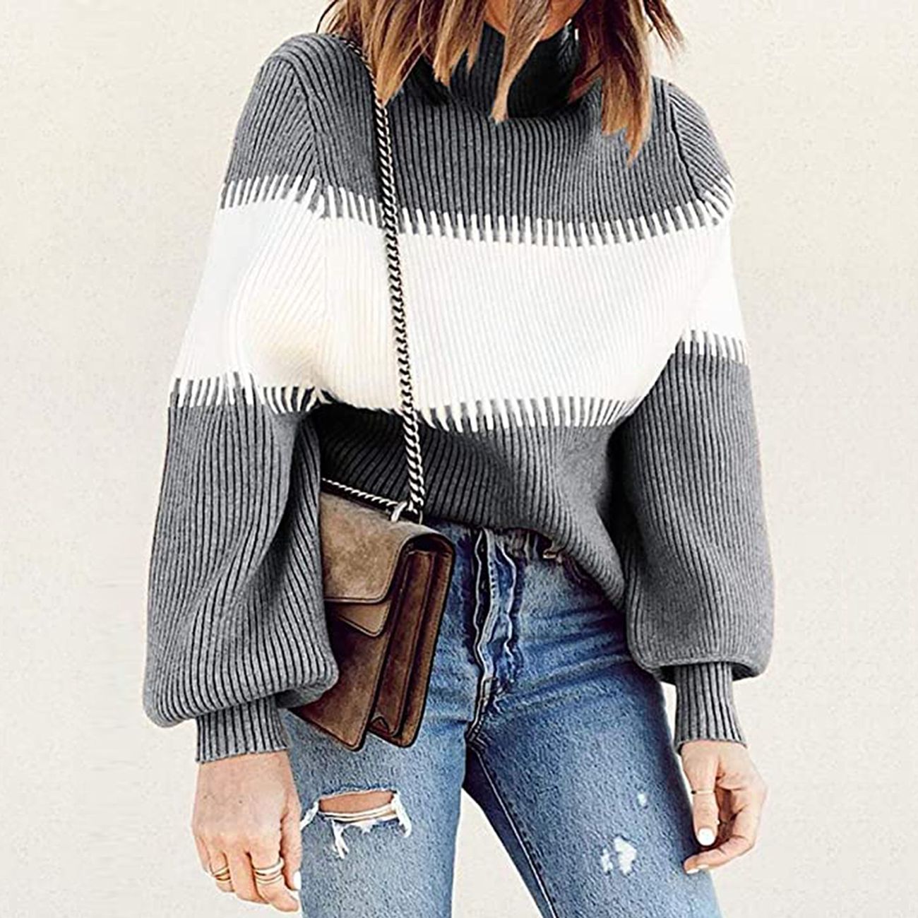 Lantern sleeve contrast sweater