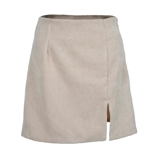 Women's high waist corduroy skirt solid color slit A line skirt Beige - Shop at LoveMi