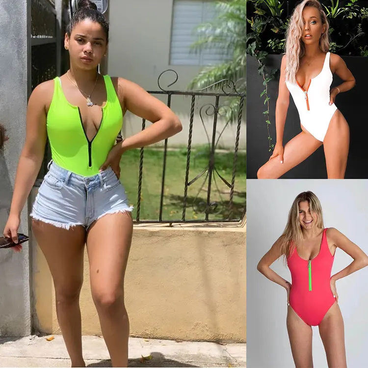 Ladies Zipper Sexy One-piece Printed Swimsuit Women Swimwear