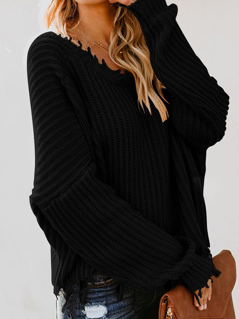 Deep V-neck cropped fringed sweater