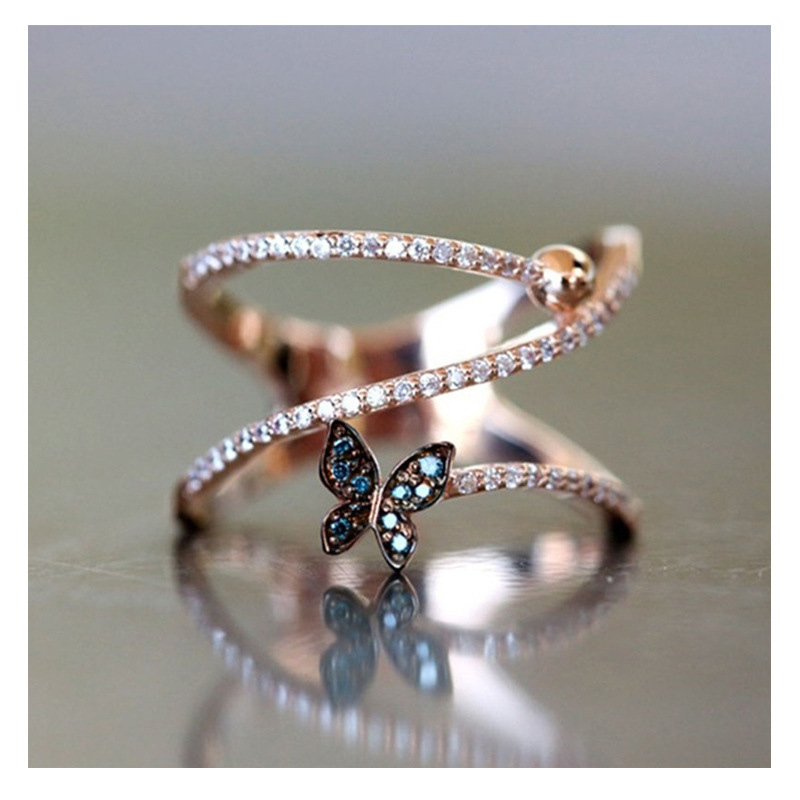 Creative Blue Butterfly Shape  Micro-inlaid Zircon  Ring