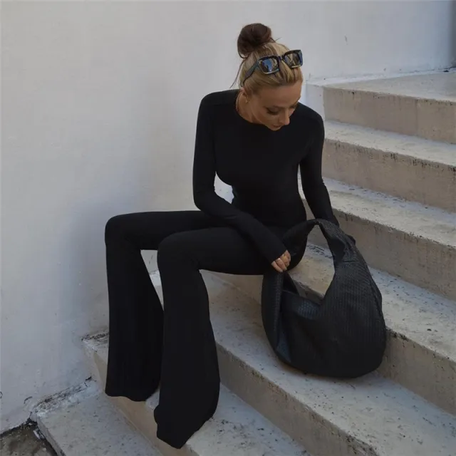 New Long sleeved Backless Slim Straight Wide Leg Micro Lah Jumpsuit Female Black - Shop at LoveMi