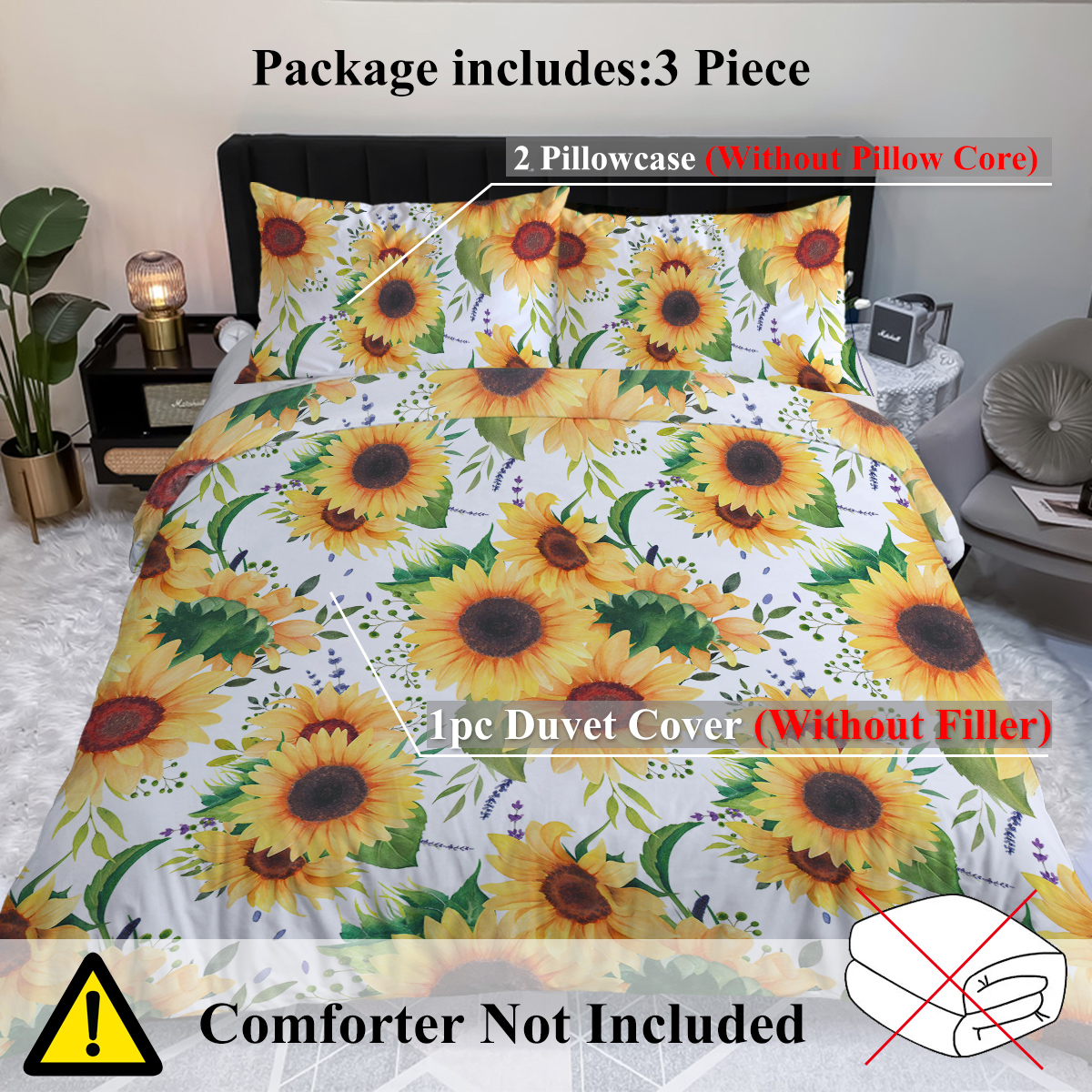 Sunflower Duvet Cover Set, Plant Comforter Cover Set, Retro Yellow Flower... 3