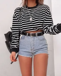 Round neck long-sleeved T-shirt short sweater - Stripe - View 1