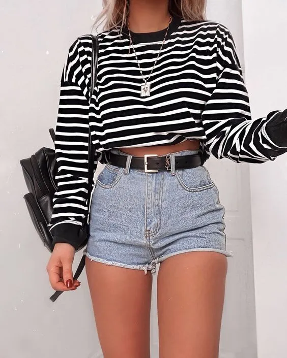 Round neck long sleeved T shirt short sweater Stripe - Shop at LoveMi