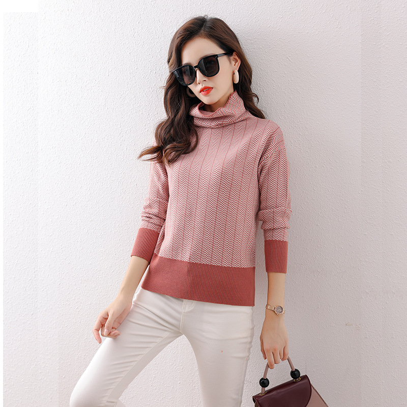 National style high-end sweater women piled collar striped sweater