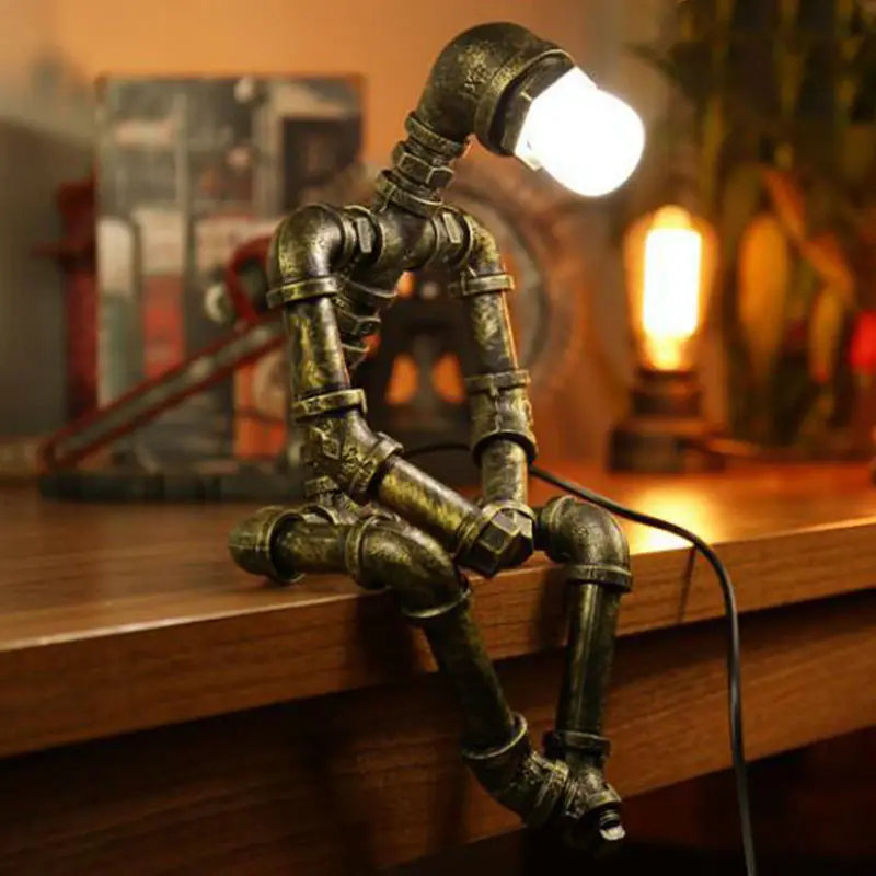 Robot Table Lamp Vintage Loft Iron Pipe Desk Industrial