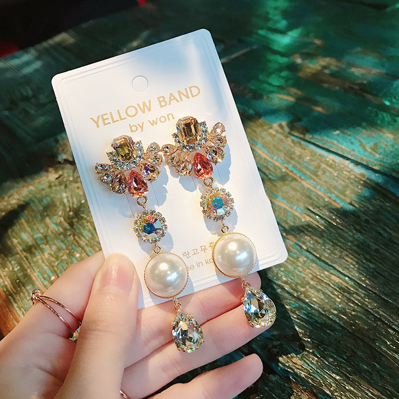 Long crystal pearl silver pin earrings