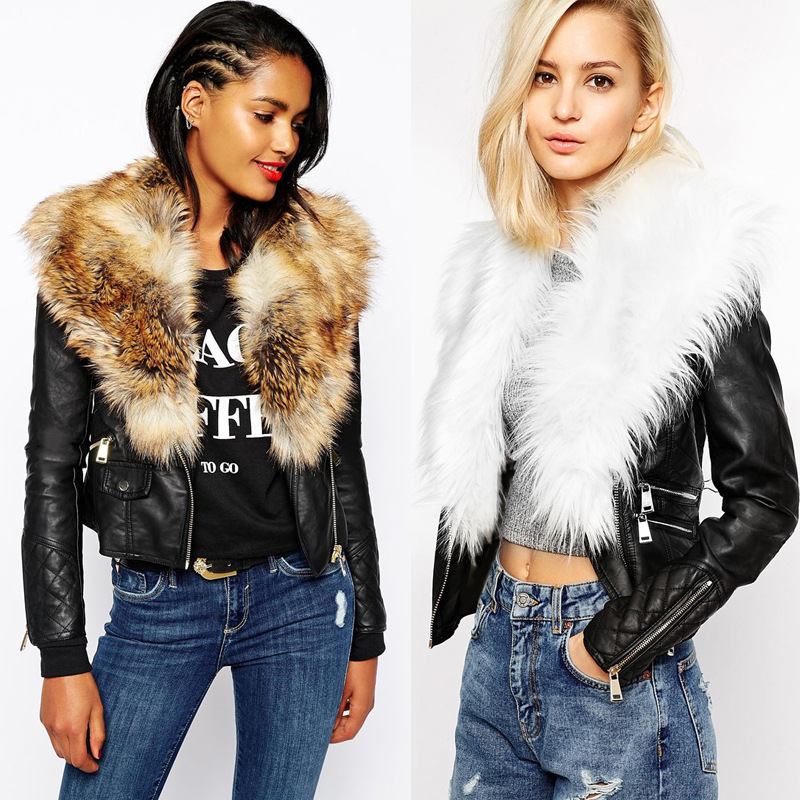 Hot PU Leather Jacket Coat with Faux Fox Fur Collar