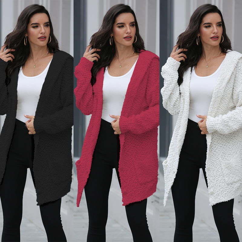Loose solid color hooded cardigan