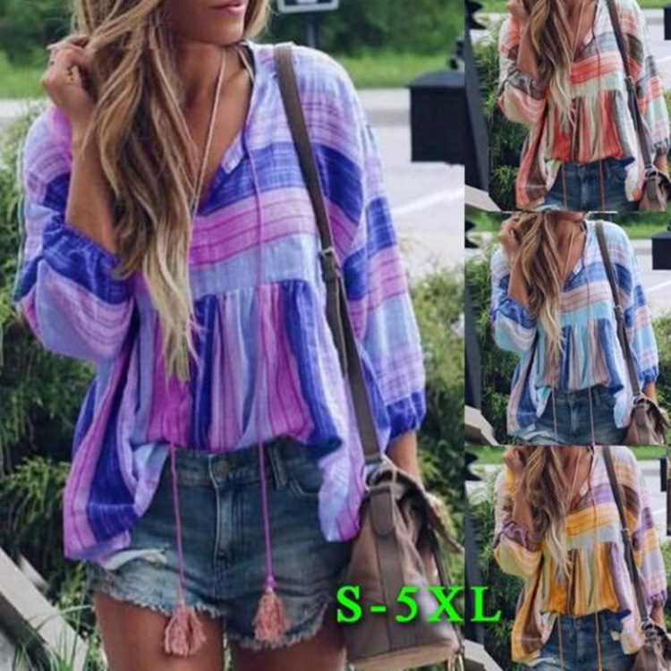 Women's Striped V-Neck T-Shirt Loose Top