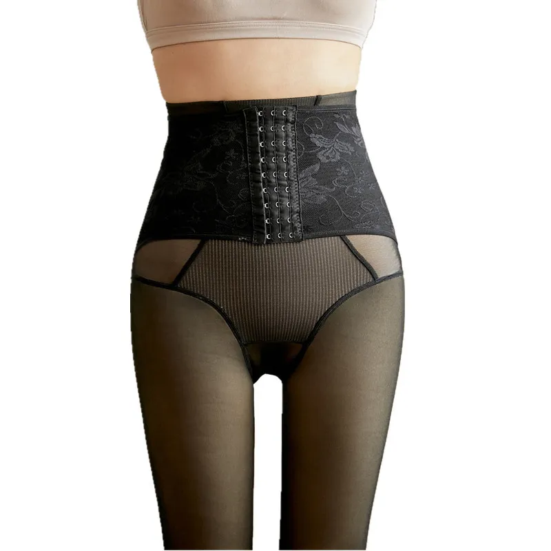 Bare legs plus velvet thickened bottoming pantyhose - Black With Feet1