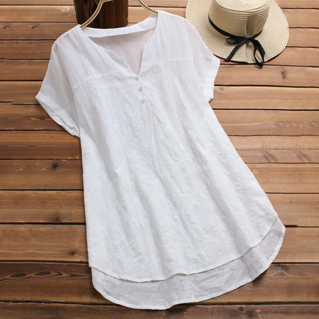 Embroidered V-neck short sleeve loose shirt