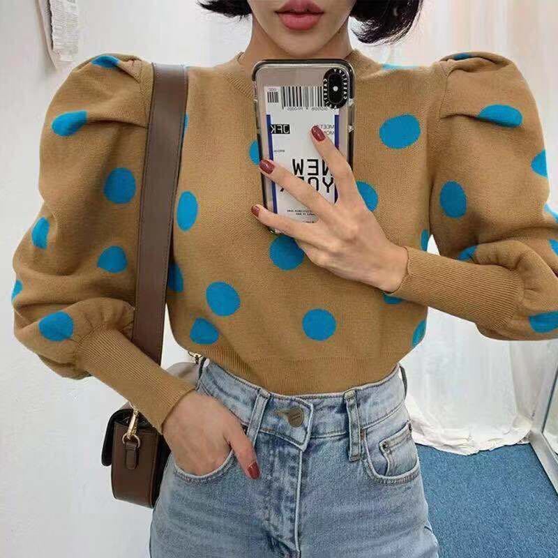 Puff sleeve polka dot sweater