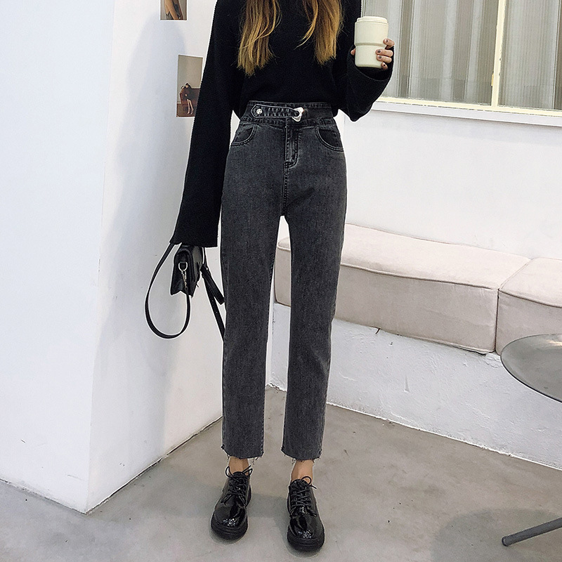 Straight loose high waist slim pants Blackgrey - Shop at LoveMi