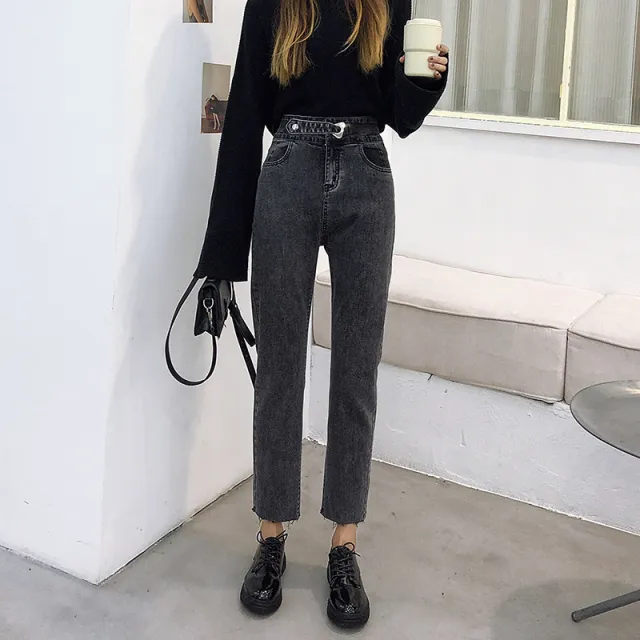 Straight loose high waist slim pants Blackgrey - Shop at LoveMi