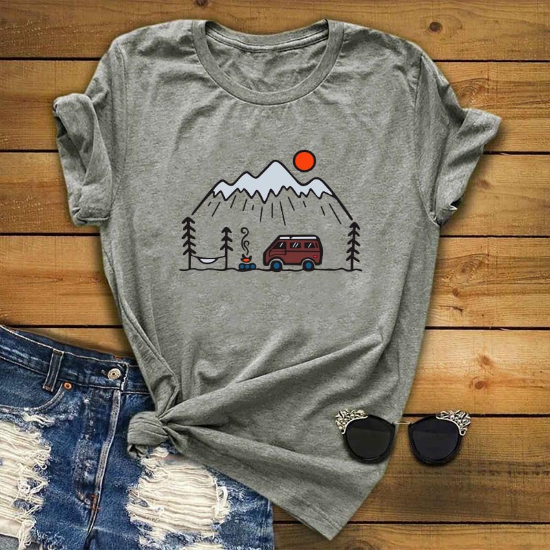 Creative Camping Printing Round Neck Cotton Short Sleeve
