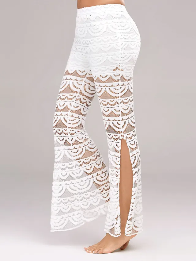 Summer Women Elegant Patchwork Sheer Pants Sexy Lace Trouser Pantalon Party Clubwear White - Shop at LoveMi