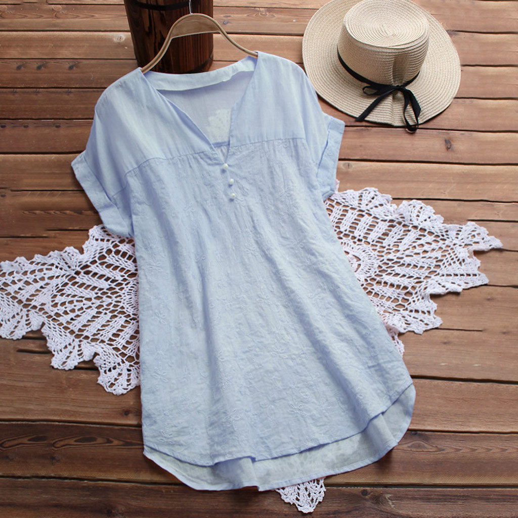 Embroidered V-neck short sleeve loose shirt