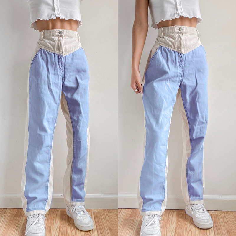 Corduroy Stitching Contrast Waist Straight-leg Pants
