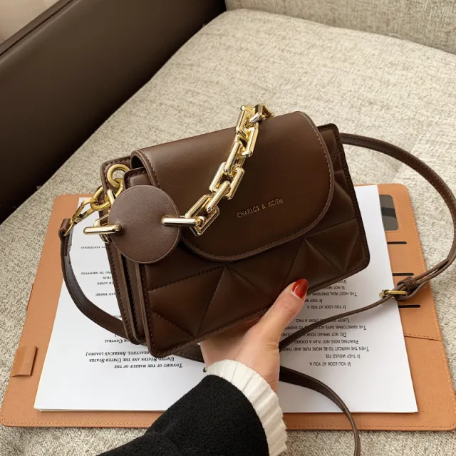 Women's Portable Small Square Bag Chain With Lattice Pattern Brown - Shop at LoveMi