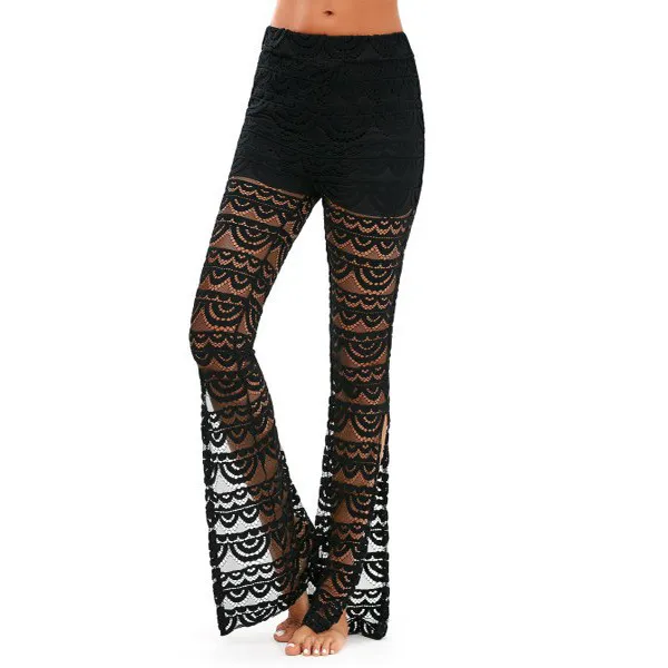 Summer Women Elegant Patchwork Sheer Pants Sexy Lace Trouser Pantalon Party Clubwear Black - Shop at LoveMi