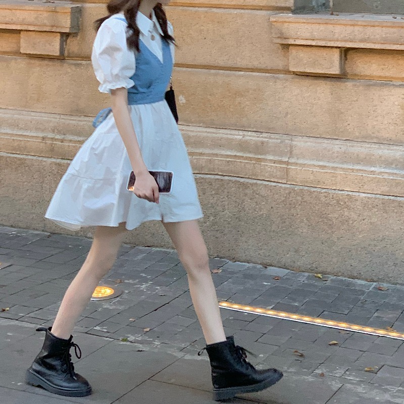 Puff Sleeve Shirt Dress Denim Camisole Two-piece Suit