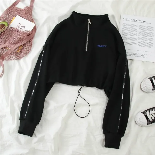 Korean style high waist cropped long sleeve zipper sweater Black - Shop at LoveMi