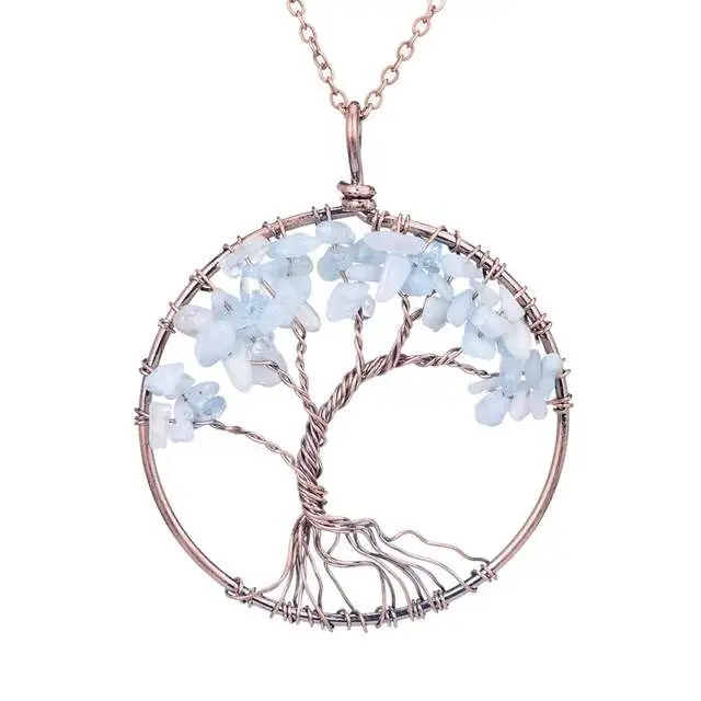Chakra Tree Of Life Pendant Necklace Copper Crystal - Aquamarine